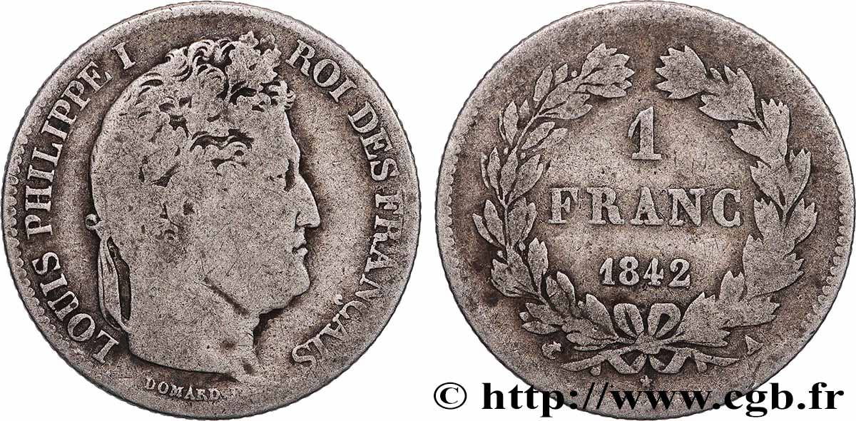 1 franc Louis-Philippe, couronne de chêne 1842 Paris F.210/85 B+ 