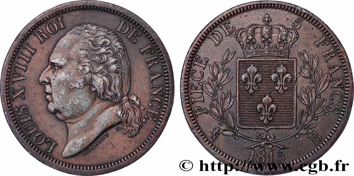 Reproduction en étain bronzé de l’Épreuve de 5 Francs par Michaut 1815 Rouen T.T.2028 cop. AU 
