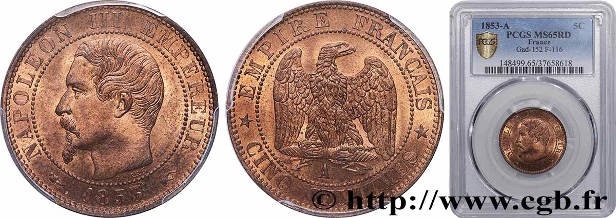 Cinq centimes Napoléon III, tête nue 1853 Paris F.116/1 FDC65 PCGS