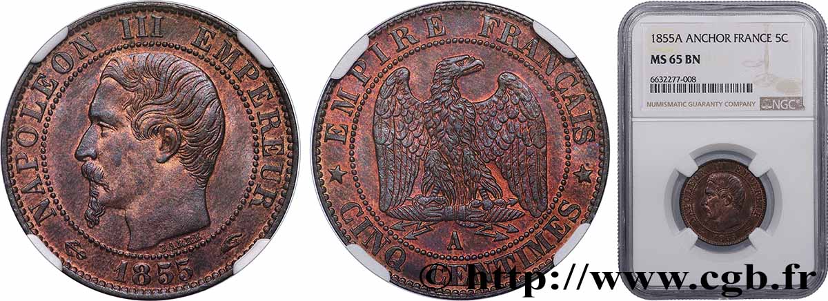 Cinq centimes Napoléon III, tête nue 1855 Paris F.116/17 FDC65 NGC
