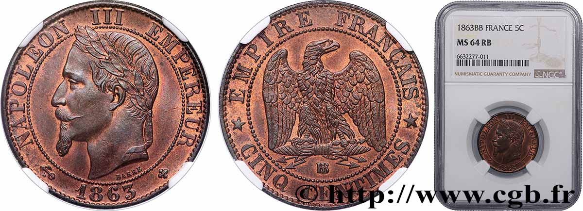 Cinq centimes Napoléon III, tête laurée 1863 Strasbourg F.117/11 SPL64 NGC