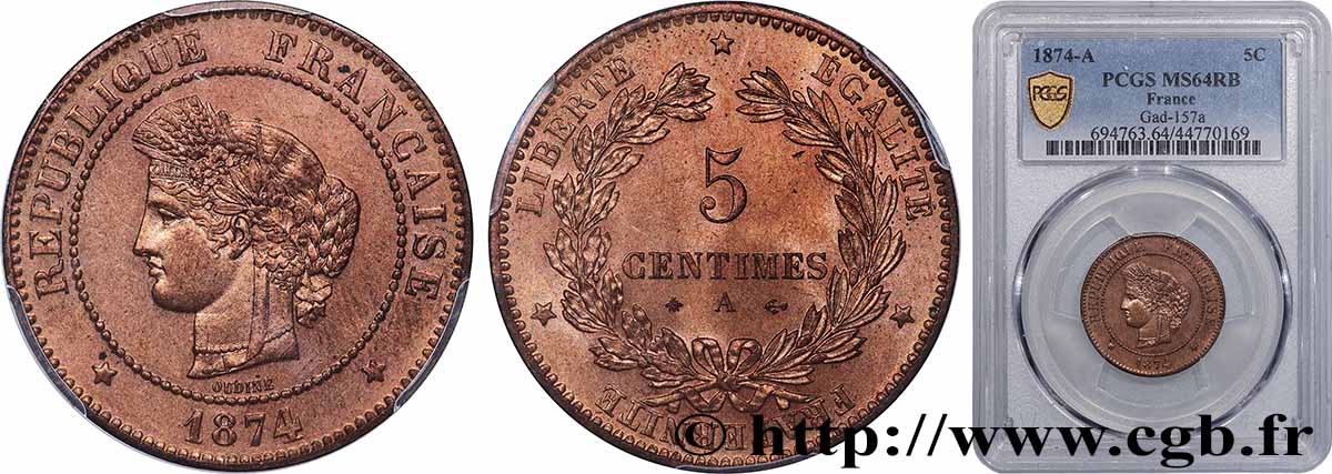 5 centimes Cérès 1874 Paris F.118/9 SPL64 PCGS