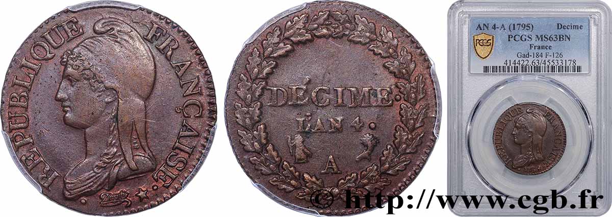 Décime Dupré, petit module 1796 Paris F.126/1 SPL63 PCGS