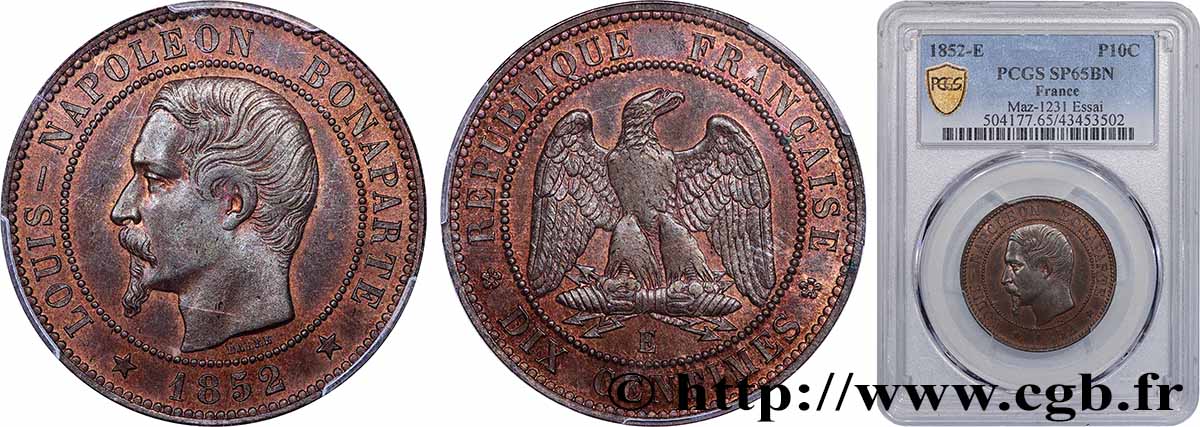 Essai de dix centimes, Louis-Napoléon Bonaparte 1852 Paris VG.3306  ST65 PCGS