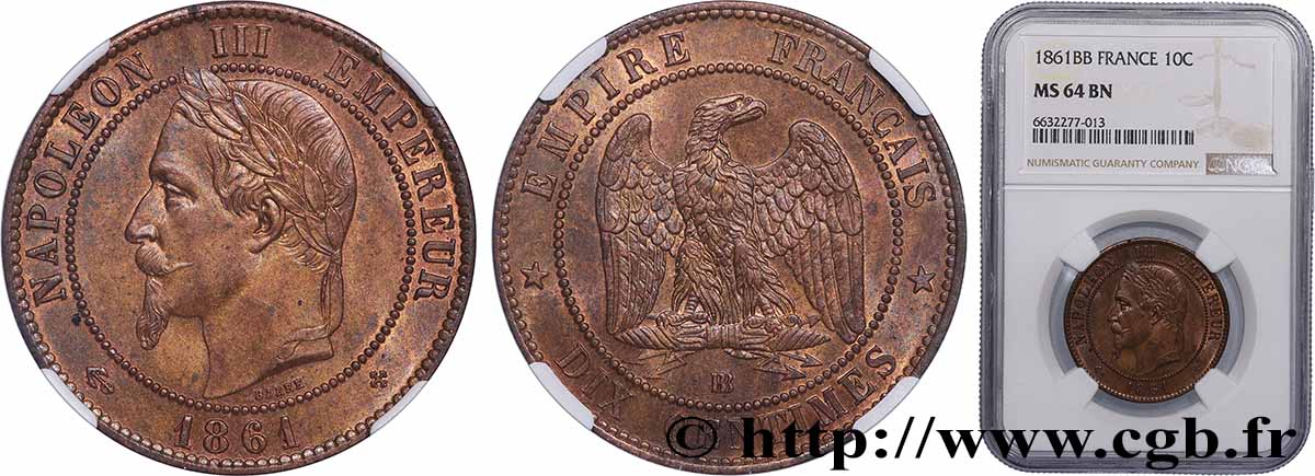 Dix centimes Napoléon III, tête laurée 1861 Strasbourg F.134/5 SPL64 NGC