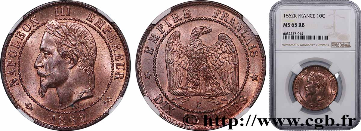 Dix centimes Napoléon III, tête laurée 1862 Bordeaux F.134/9 ST65 NGC