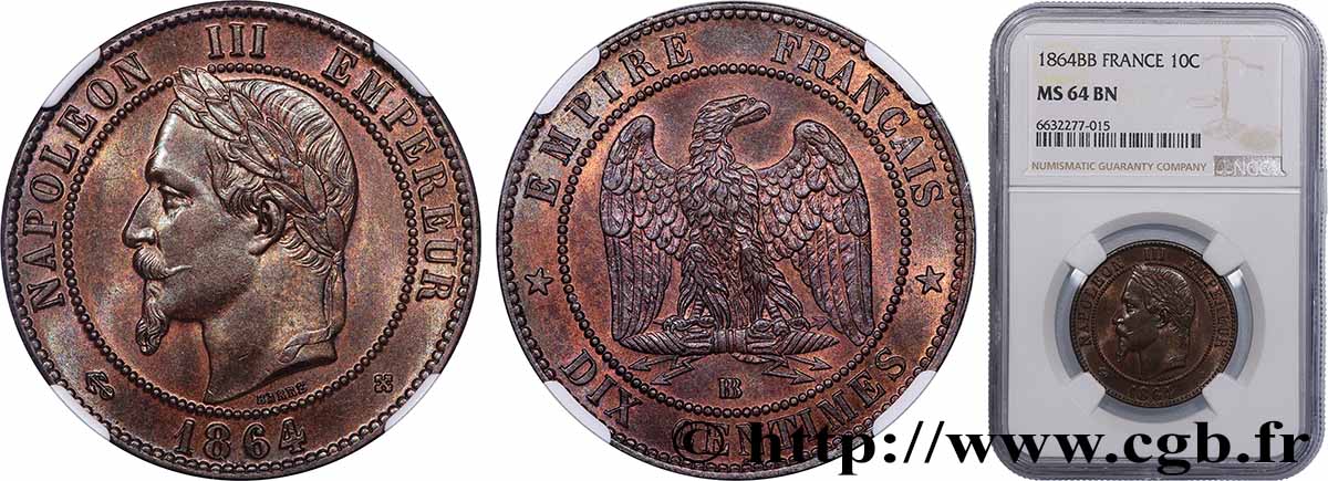 Dix centimes Napoléon III, tête laurée 1864 Strasbourg F.134/14 SPL64 NGC