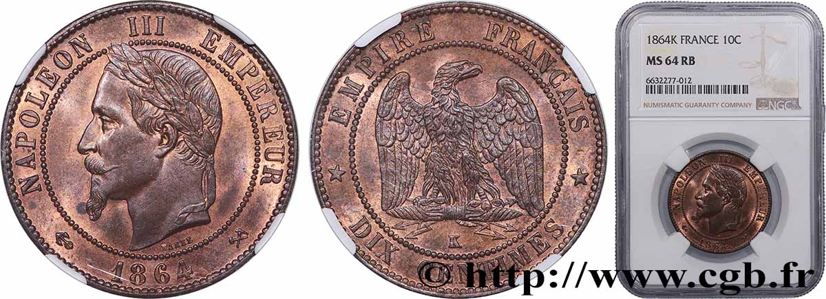 Dix centimes Napoléon III, tête laurée 1864 Bordeaux F.134/15 SPL64 NGC