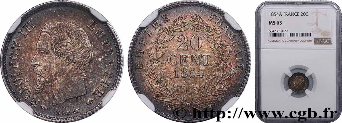 20 centimes Napoléon III, tête nue 1854 Paris F.148/2 SPL63 NGC