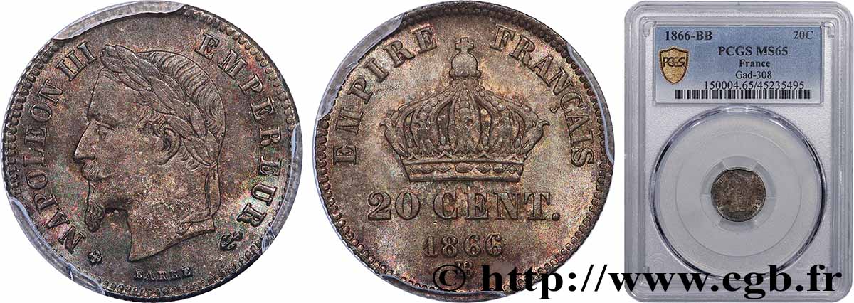 20 centimes Napoléon III, tête laurée, petit module 1866 Strasbourg F.149/5 FDC65 PCGS