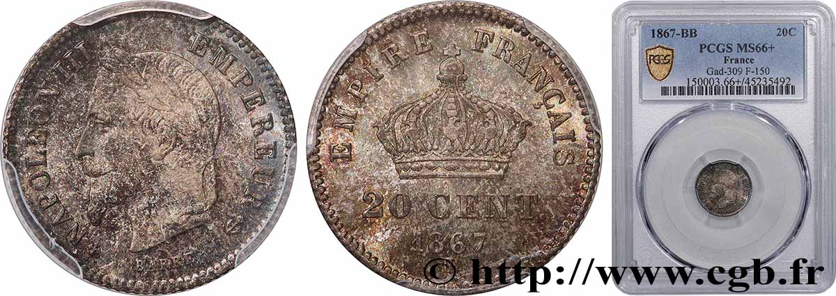 20 centimes Napoléon III, tête laurée, grand module 1867 Strasbourg F.150/2 MS66 PCGS