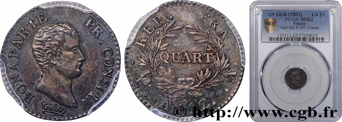 Quart (de franc) Bonaparte Premier Consul 1804 Paris F.157/1 SUP62 PCGS
