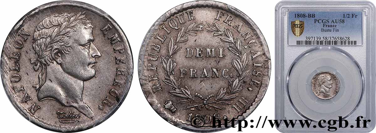 Demi-franc Napoléon Ier tête laurée, République française 1808 Strasbourg F.177/4 SUP58 PCGS