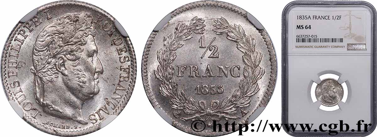 1/2 franc Louis-Philippe 1835 Paris F.182/54 SPL64 NGC