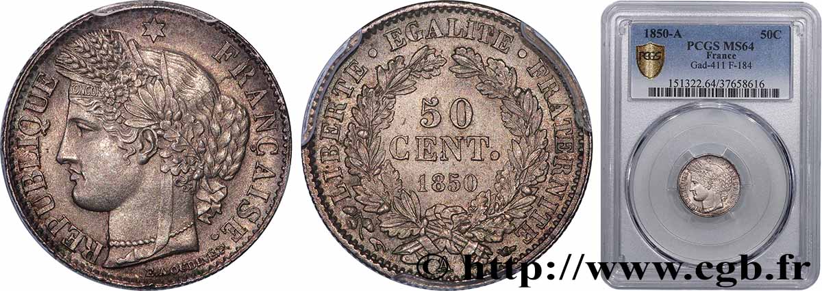 50 centimes Cérès, IIe République 1850 Paris F.184/2 MS64 PCGS