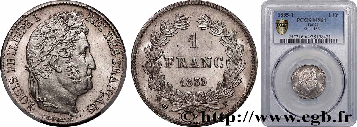 1 franc Louis-Philippe, couronne de chêne 1835 Nantes F.210/48 SPL64 PCGS