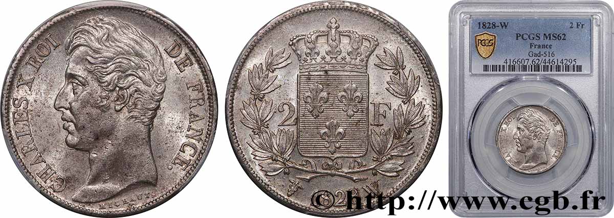 2 francs Charles X 1828 Lille F.258/48 MS62 PCGS