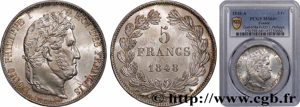 5 francs IIIe type Domard 1848 Paris F.325/17 SPL64 PCGS