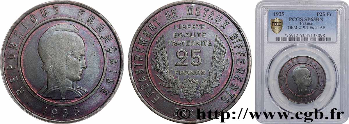 Essai de 25 francs mono-métallique en bronze 1935  GEM.219 7 SPL63 PCGS