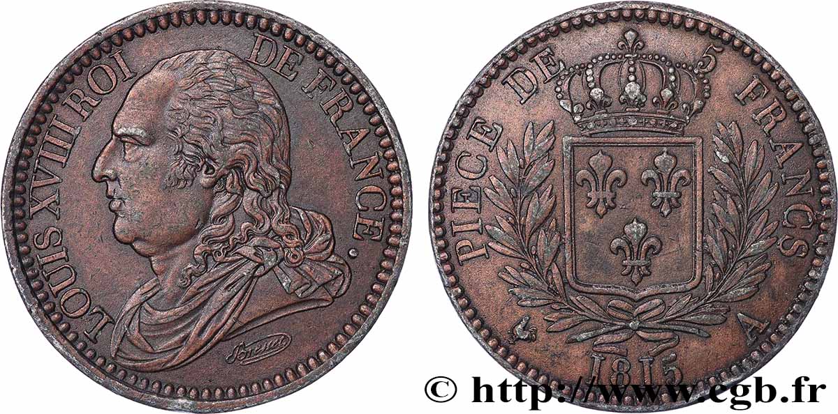 Reproduction en étain bronzé de l’Épreuve de 5 Francs par Brenet 1815 Paris T.T.2021 cop. MS 