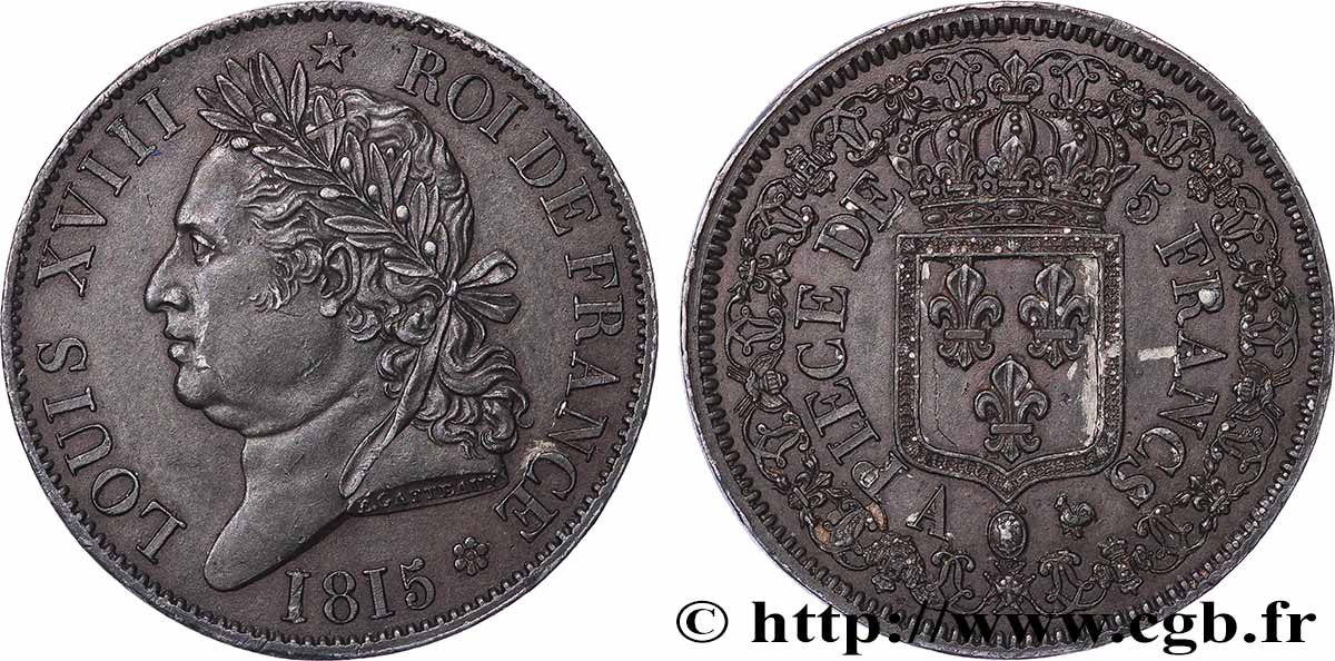 Reproduction en étain bronzé de l’Épreuve de 5 Francs par Gatteaux 1815 Paris T.T.2024 c.cop. MS 