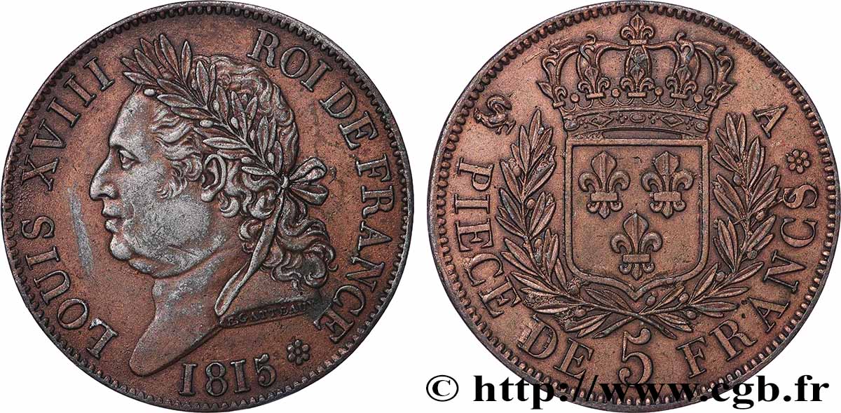 Reproduction en étain bronzé de l’Épreuve de 5 Francs par Gatteaux 1815 Paris T.T.2024 b.cop. MS 