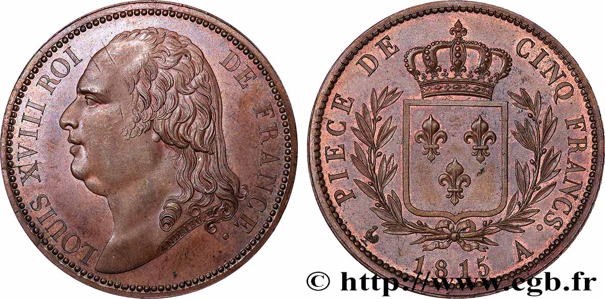 Essai en cuivre de 5 francs par Andrieu 1815 Paris T.T.2020 2 SUP62 
