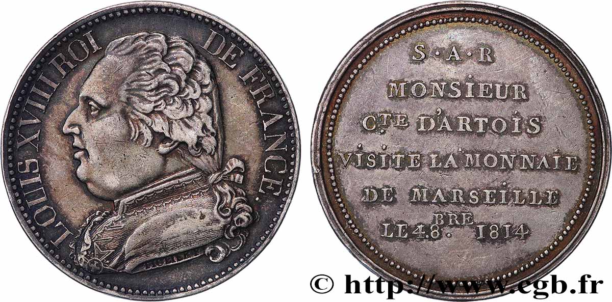 Monnaie de visite, module de 5 francs, pour le Comte d’Artois à la Monnaie de Marseille 1814  T.T.2710 2 AU 