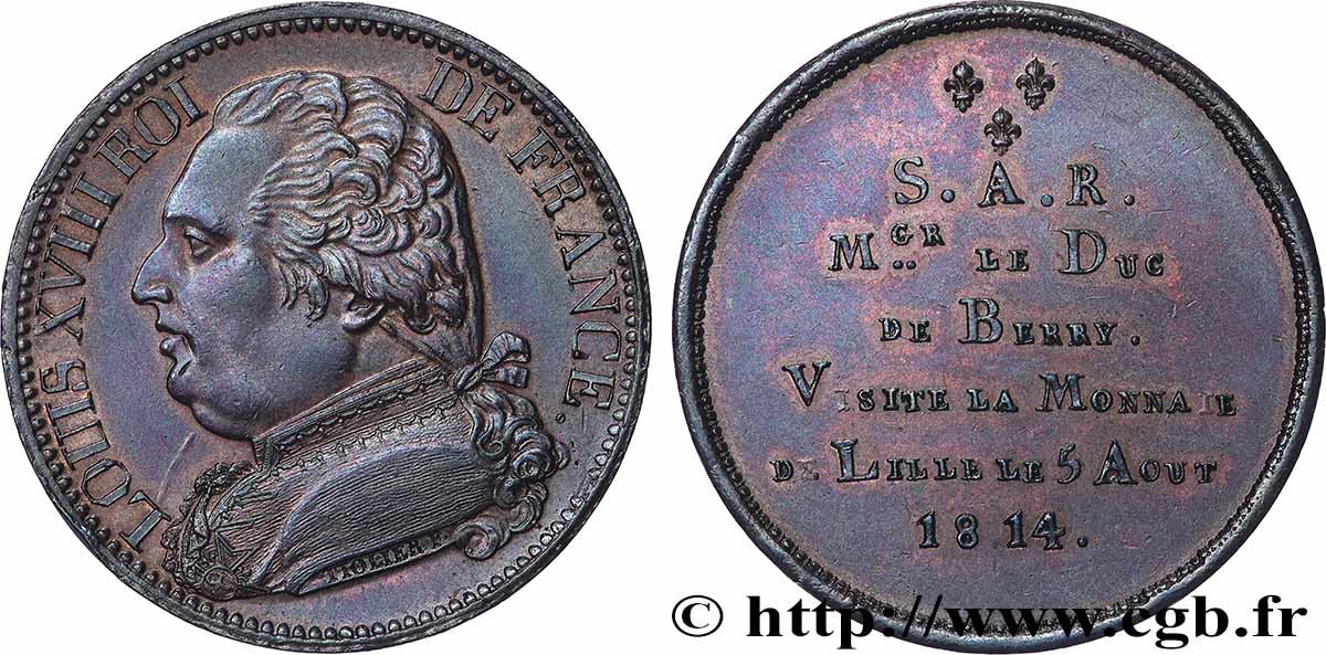 Monnaie de visite, module de 5 Francs, pour Charles-Ferdinand de Berry à la Monnaie de Lille 1814 Lille T.T.2709 a.3 SUP+ 