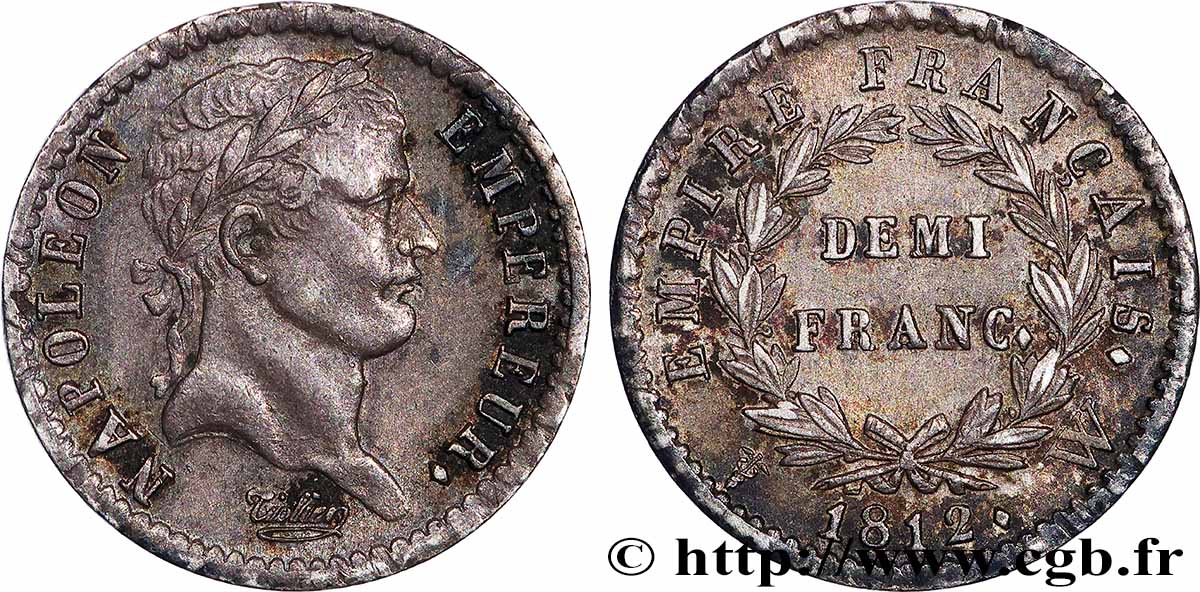 Demi-franc Napoléon Ier tête laurée, Empire français 1812 Lille F.178/48 AU 