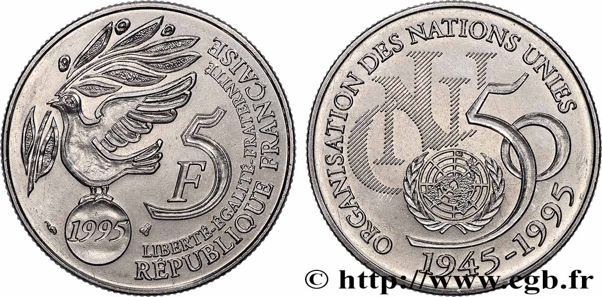 5 francs Cinquantenaire de l’ONU 1995 Pessac F.345/1 MS64 
