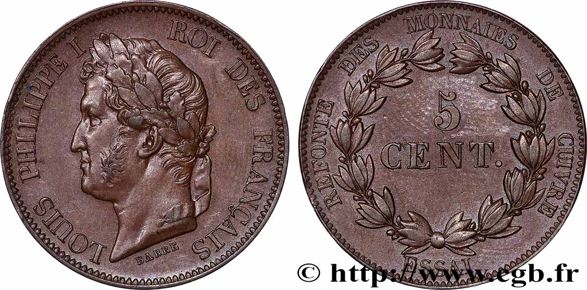 Essai de 5 centimes en bronze, signature BARRE  1840  T.T.4013 b.1 AU 