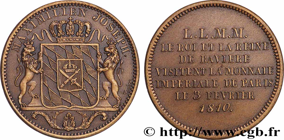 Refrappe en bronze d’une Monnaie de visite, module de 2 francs, pour Maximilien I Joseph de Bavière 1810  T.T.1706 b3 MS 