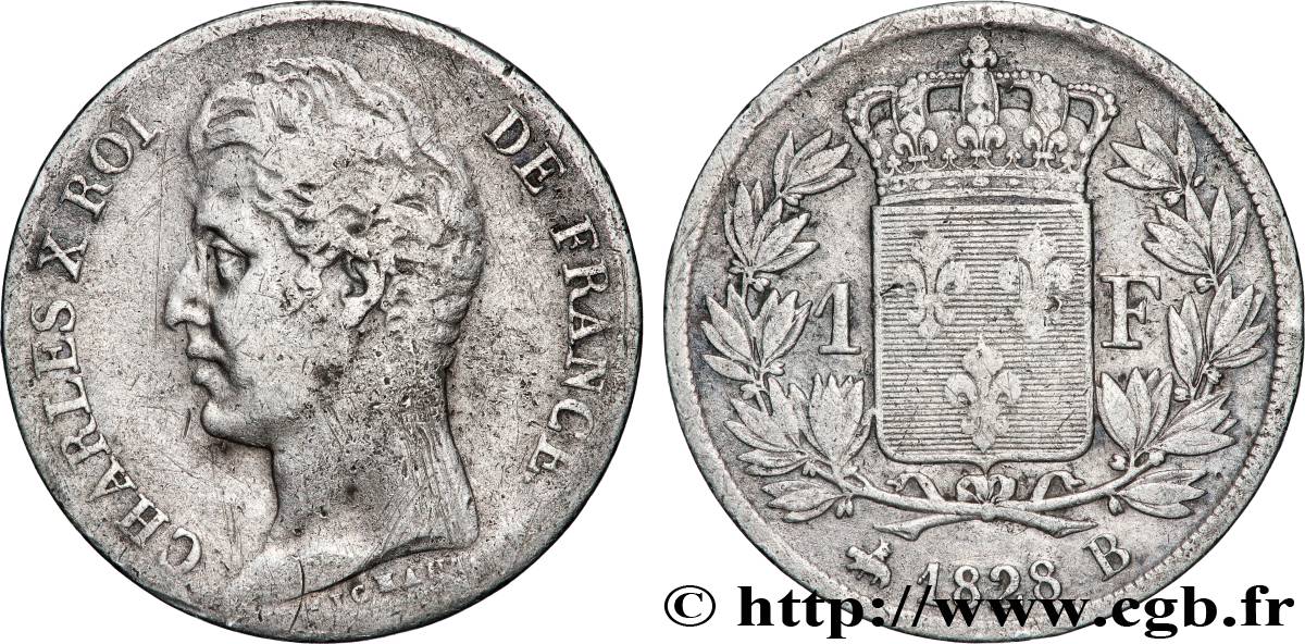 1 franc Charles X, matrice du revers à cinq feuilles 1828 Rouen F.207/38 TB 