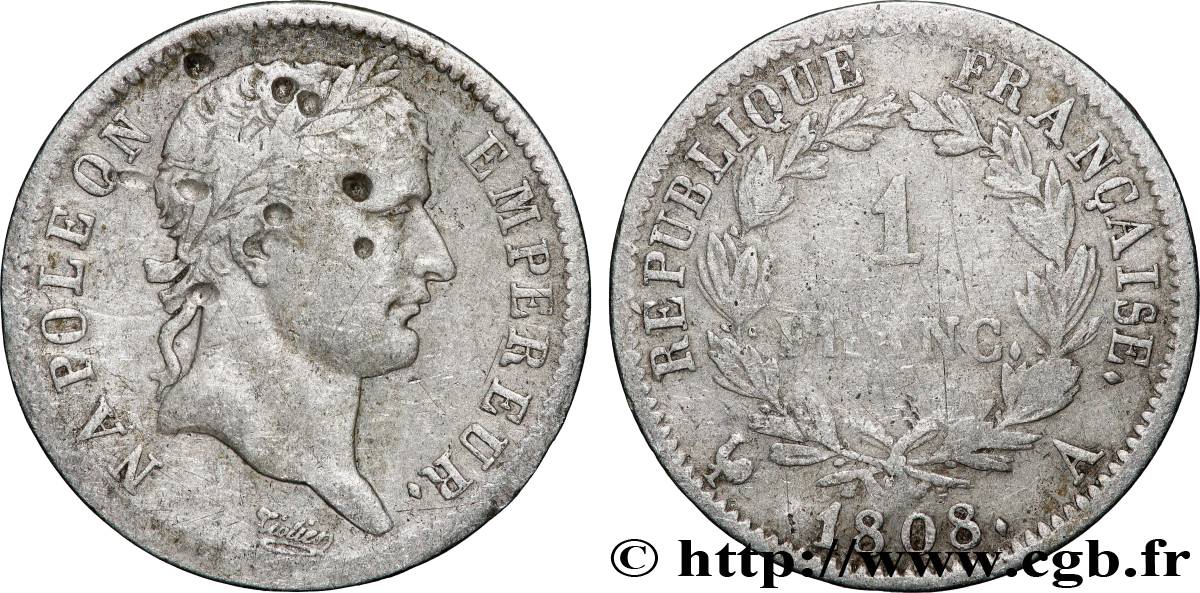 1 franc Napoléon Ier tête laurée, République française 1808 Paris F.204/2 S 