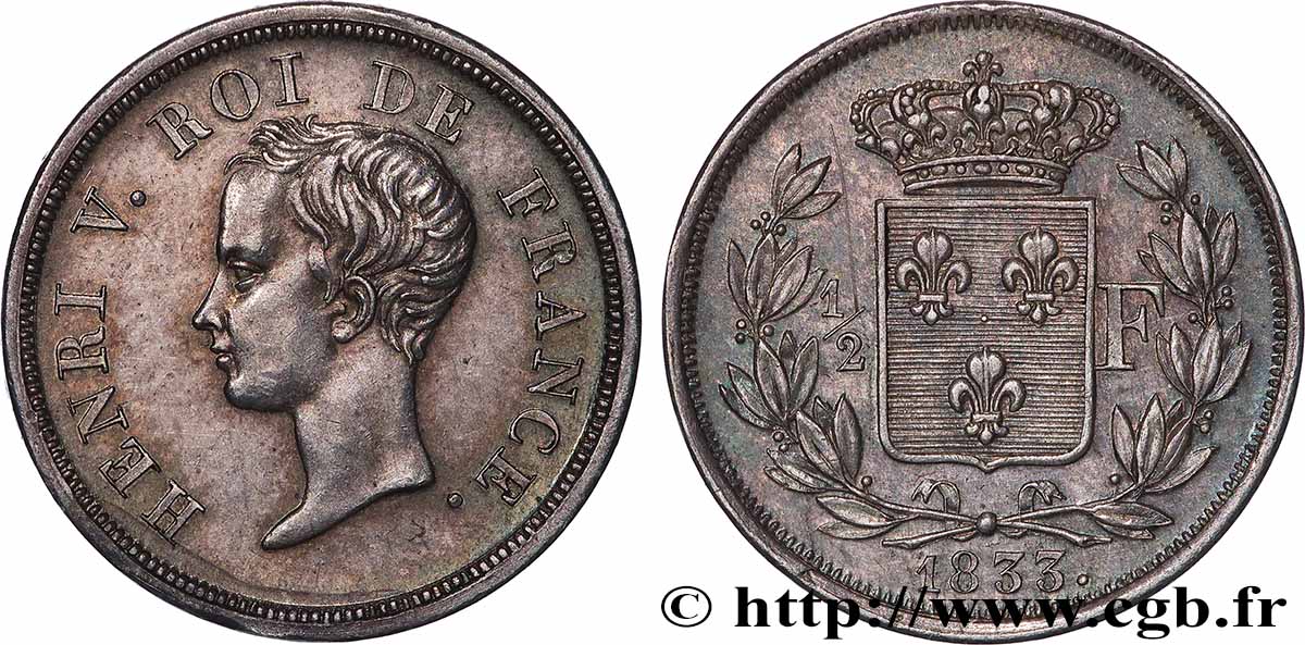1/2 franc, buste juvénile, revers n°3 1833  T.T.4811 c.1 MS 