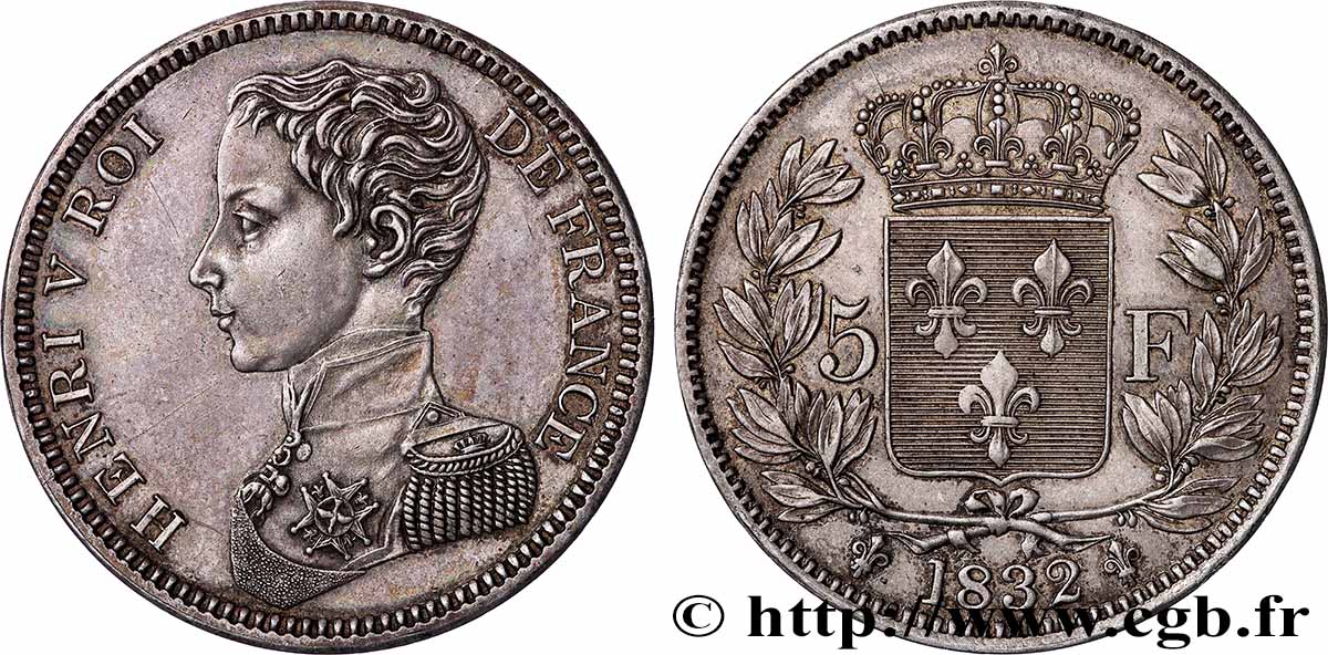 5 francs Henri V, avers n°3, tranche en creux 1832  T.T.4820 c.1 SUP+ 