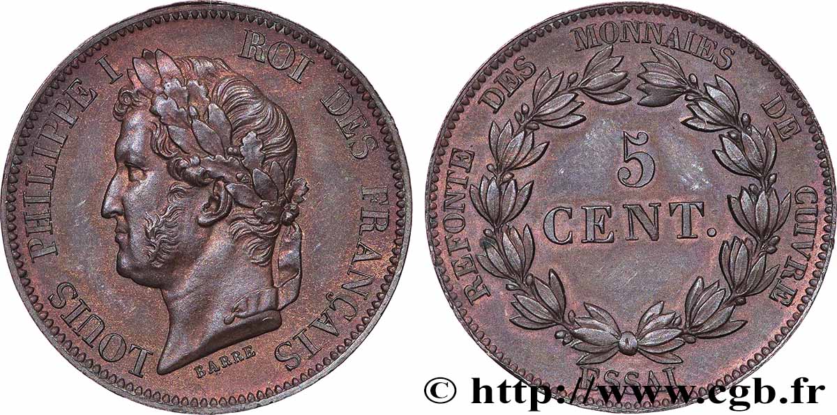 Essai de 5 centimes en bronze, signature BARRE  n.d.  T.T.4013 b.1 SUP62 