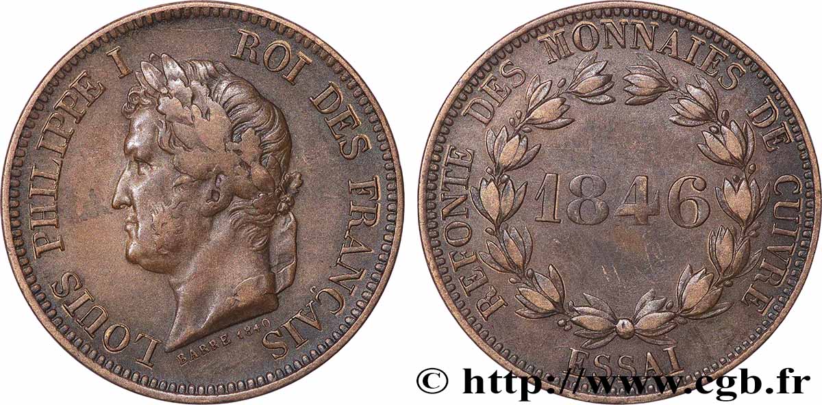 Refonte des monnaies de cuivre, essai au module de 5 centimes en cuivre jaune 1846  VG.2981  XF 