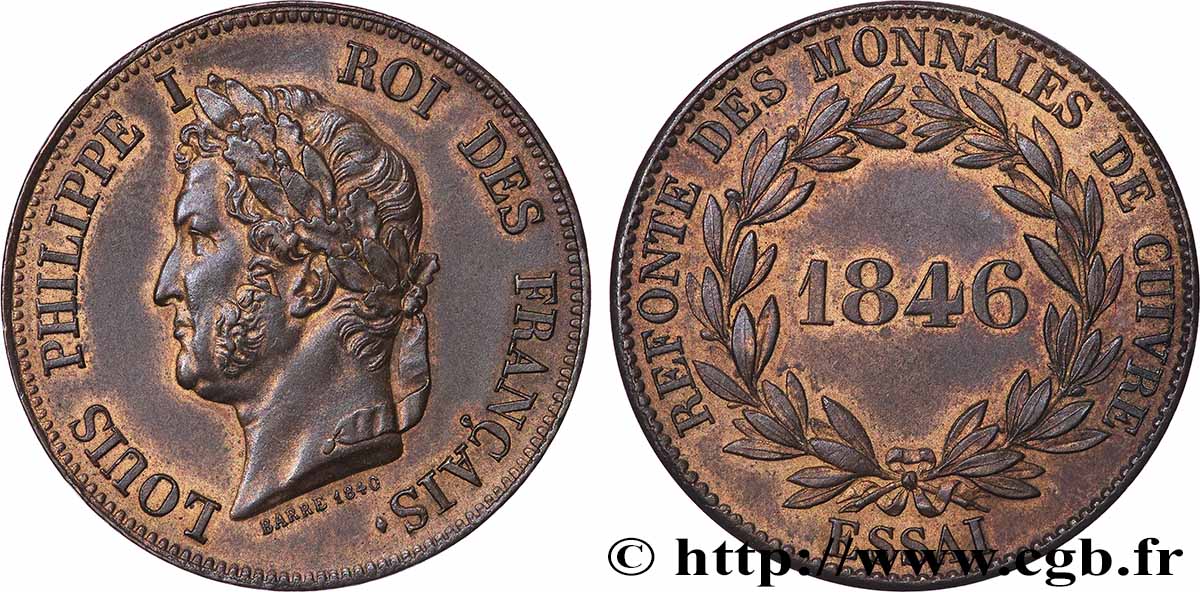 Refonte des monnaies de cuivre, essai au module du décime, poids lourd, contremarqué d’un “2” 1846 Paris T.T.4529 1 MS62 