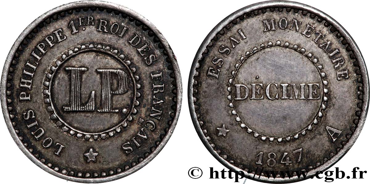 Essai en bronze plaqué argent de un décime  1847 Paris T.T.4021 3 SUP 