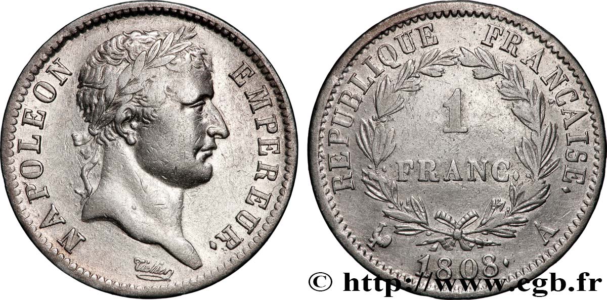 1 franc Napoléon Ier tête laurée, République française 1808 Paris F.204/2 TTB 