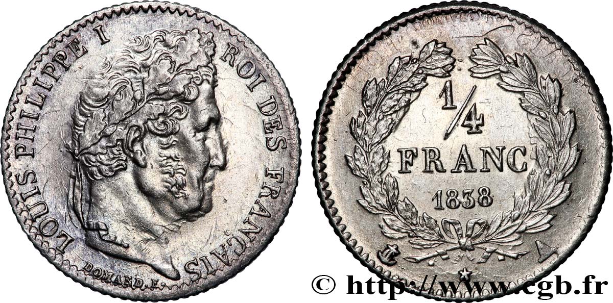 1/4 franc Louis-Philippe 1838 Paris F.166/69 SUP+ 