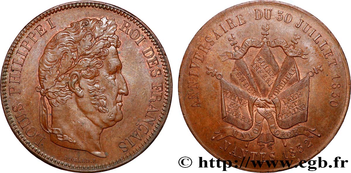 Module de 5 francs en cuivre commémorant l’anniversaire du 30 juillet 1830 1832 Nantes F.324/- var. SUP 