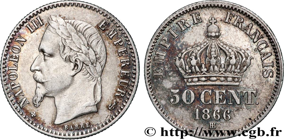 50 centimes Napoléon III, tête laurée 1866 Strasbourg F.188/10 TTB+ 