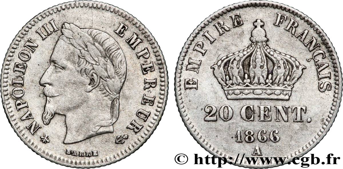 20 centimes Napoléon III, tête laurée, petit module 1866 Paris F.149/4 TB+ 