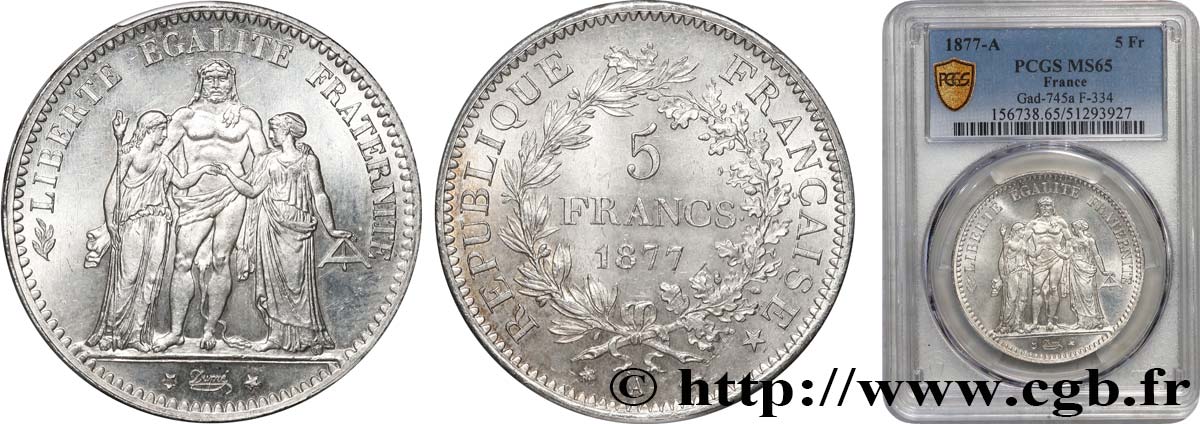 5 francs Hercule 1877 Paris F.334/19 FDC65 PCGS