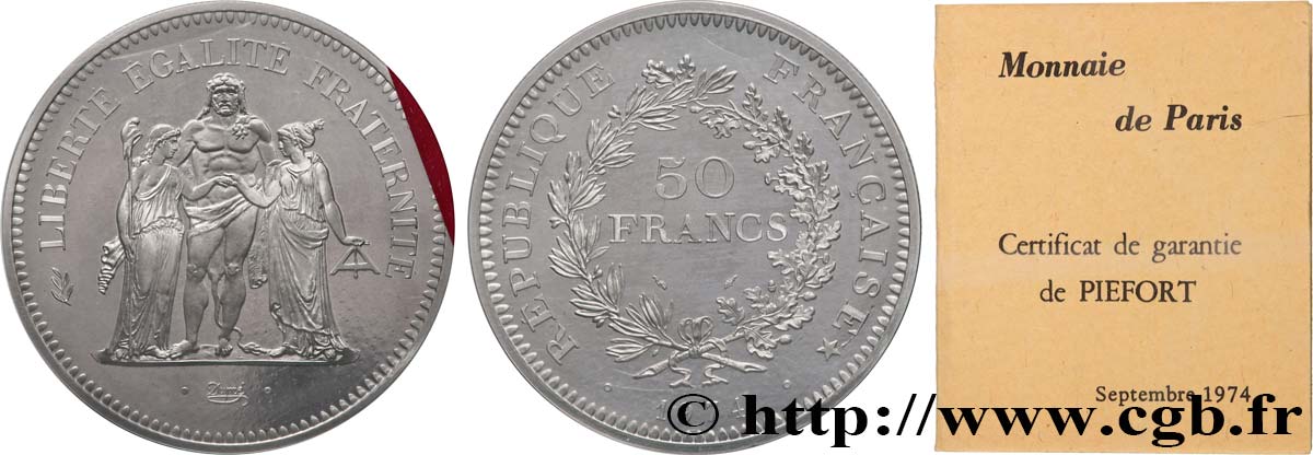 Piéfort Argent de 50 francs Hercule 1974 Pessac GEM.223 P1 FDC 