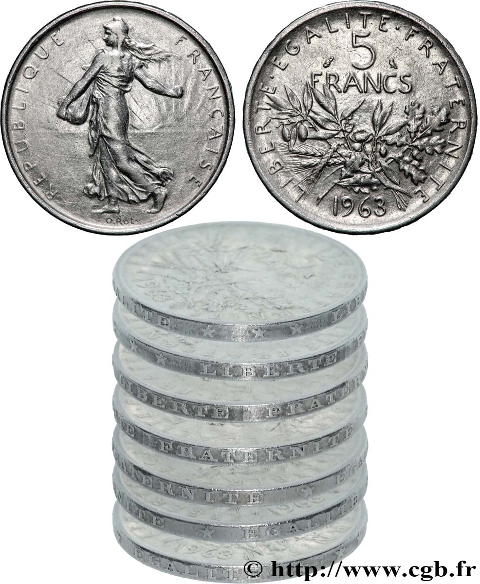 5 francs Semeuse, argent, Tranche Fautée 1963 Paris F.340/7 var. TTB+ 