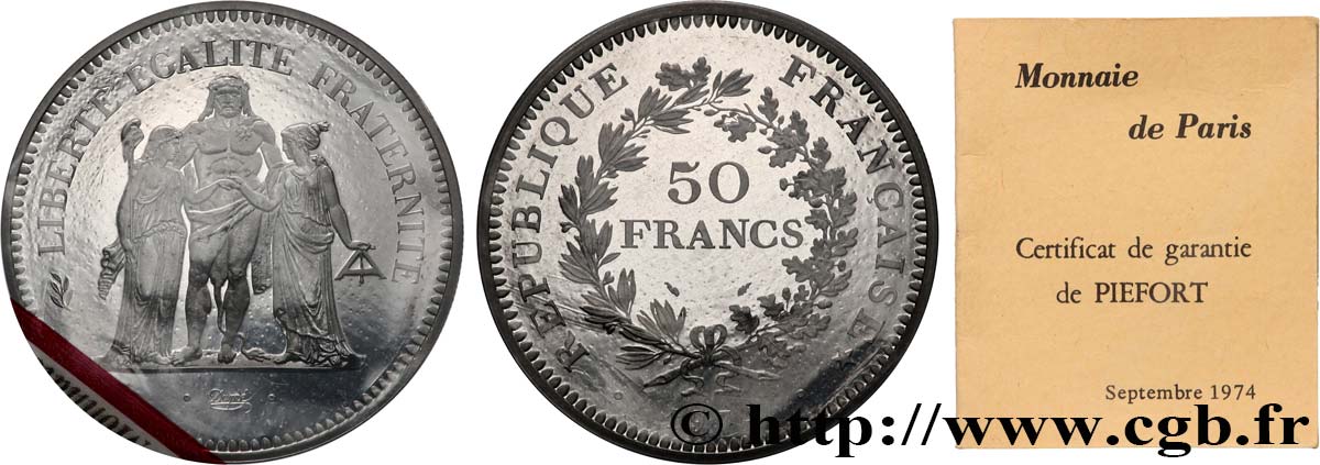 Piéfort Argent de 50 francs Hercule 1974 Pessac GEM.223 P1 FDC 